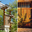 A diptych showing a nicely designed wooden fence and pergola, both during the day and illuminated at night.