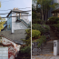A diptych showing the steep terrain and house from the street.