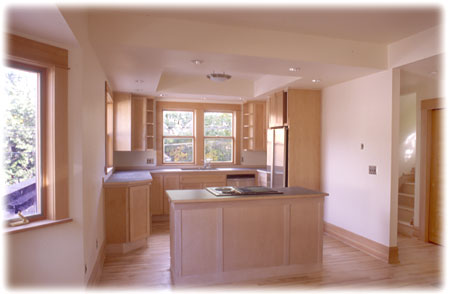 Wide open view of the kitchen with a stove on an island